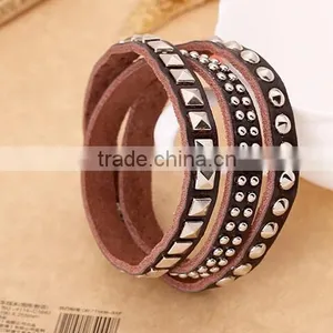 Fashion Vintage Men's Metal Steel Studded Surfer Leather Bangle Cuff Bracelet thumbnail-3