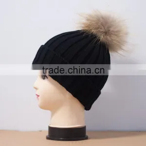 KH1214 Knitted Full Raccoon Fur Pompom Wool Hat thumbnail-4