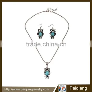 Retro Style Antique Silver Owl Turquoise Necklace and Earrings Jewelry Sets thumbnail-1