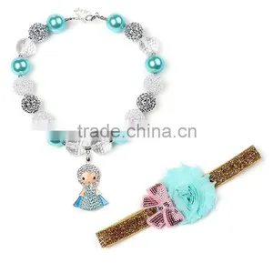 Blue Neckalce With Cute Girl Doll and Satin Bow Flower Hairband Wholesale Baby Girls Chunky Necklace and Hairband thumbnail-1