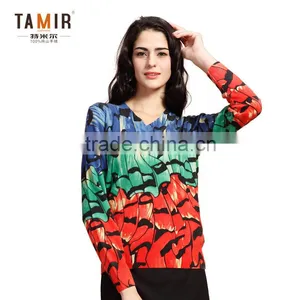 Muti Color Print V Neck Cashmere Sweater, Ladies Fashion Delicate Print Cashmere Sweater thumbnail-1