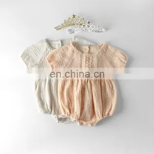 Newborn Baby Jumpsuit Rompers Short Sleeve Linen Plain Baby Rompers thumbnail-1