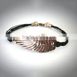 Pure Handmade Braid Wax Cord Bracelet Brass Angel Wings Metal Charm Bracelet thumbnail-1