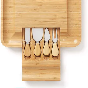 Wholesale Bamboo Wood Cheese Boards and Knife Set Bamboo Serving Platter Cheese Cutting Board Set thumbnail-5
