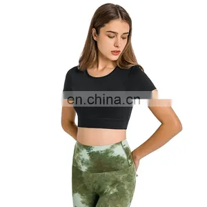 Customization Hot Sale Short Sleeve With Padded T-shirt Ladies Gym Outfit Wear Yoga Crop Top Women Sports Running Tee thumbnail-1
