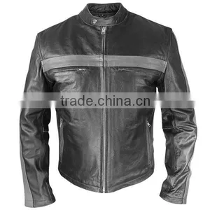 Motorbike Men's Grey Striped Black Leather Motorcycle Jacket thumbnail-1