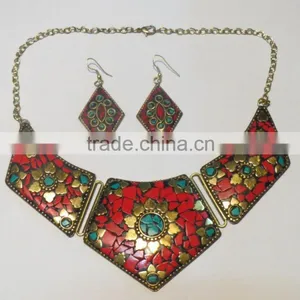Processed Coral Fashion Jewelry Tibetan Style Mosaic Work Statement Necklace and Earrings thumbnail-1