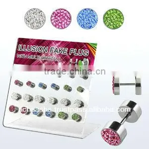 Display With 24 Pcs of Multi Crystal Surgical Steel Fake Plugs With Plain Flat Back in Assorted Colors Size 6mm & 8mm thumbnail-1