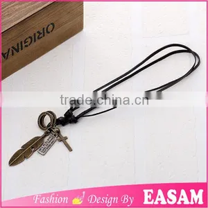 Factory Wholesale Vintage Genuine Leather Cord Necklace With Leaf Pendant thumbnail-3