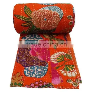 Floral Print Decorative Kantha Stitch Quilt Pure Cotton Reversible Bedspread Orange Gudri Queen Size Bedspread thumbnail-3