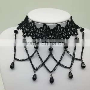 Women Gothic Black Beads Drop Lace Choker Collar Retro Chain Tassel Necklace thumbnail-1