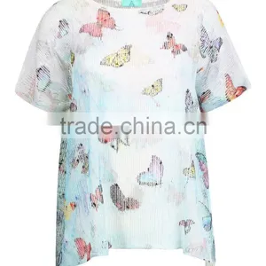 Bule Butterfly Print Woman Top,2016 New Design Top,lady Blouse thumbnail-1