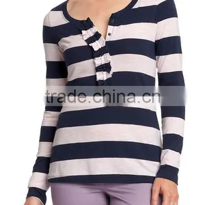 Womens Yarn Dyed Striped Long Sleeve t Shirt With Ruffled Placket thumbnail-1