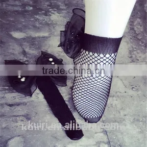 WS-36 2017New Hot Women Ruffle Large Fishnet Ankle High Socks Bow Tie Hollow Out Thin Mesh Lace Fish Net Short Socks thumbnail-1