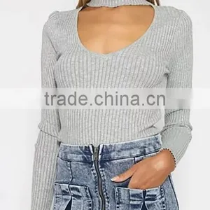 Runwaylover EY2350B Sexy Deep V-Neck Ladies Fashion Halter Tight T-Shirts thumbnail-2