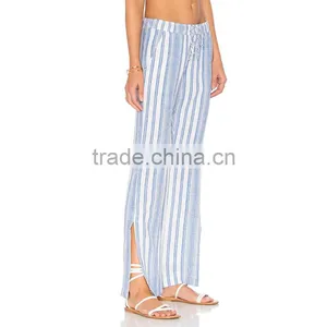 Cotton Blend Striped Drawstring Trousers Ladies Side Slit Lounge Pants thumbnail-2