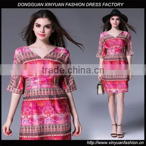 Women Short Sleeve V Neck National Printed Satin Mini Dress Ladies Loose Vintage Design Of Dress thumbnail-1
