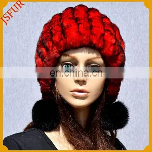 Genuine Rabbit Fur Hat With Bobble Pom Pom Fur Hat Women thumbnail-1