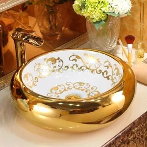 Hotel Bathroom Wash Sink Modern Gold New Round Big Size Pattern Electroplated Ceramic Washing Basin thumbnail-2