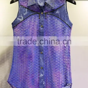 Purple and Blue Hollowed-out Sleeveless Tops With a Shirt Collar for Women thumbnail-1