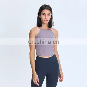 Women's High Neck Strappy Yoga Sports Bras With Removable Pads Fitness Crop Tank Tops For Ladies thumbnail-1