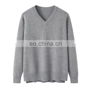Customizable 100% Cashmere V-Neck Pullover High Quality Knitted Side Split Sweater Plus Size Casual for Winter & Autumn thumbnail-1