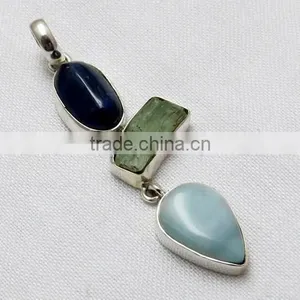 Artisan Kyanite & Prehnite & Larimar 925 Sterling Silver Pendant, Gemstone Silver Jewelry, Handmade Silver Jewelry thumbnail-1