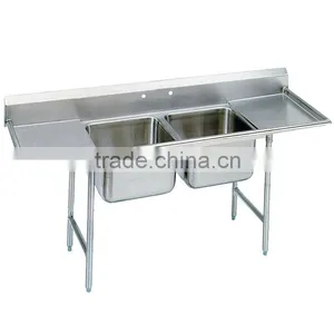 Freestanding Restaurant Kitchen 2 Two Compartment Commercial Stainless Steel Sink With Two Drainboard thumbnail-4