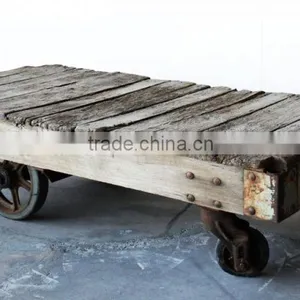INDIA ANTIQUE RAILWAY SLEEPER WOOD COFFEE TABLE WITH WHEELS CART thumbnail-1