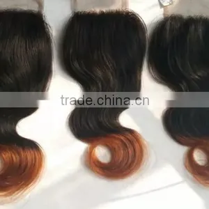 Brazilian Hair 2T Ombre Color #1b/#30 Medium Auburn Free Part Body Wave 4x4 Lace Closure Two Tone Top Closures Cheap Hair Pieces thumbnail-2
