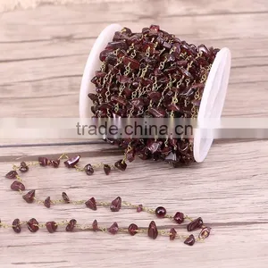Natural Garnet Chips Nugget Beaded Plated Brass Hand Wired Link Rosary Chains For Necklace Jewelry thumbnail-1