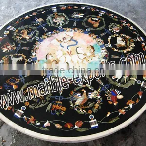 Italian Inlay Marble Dinning Table Top, Round Black Pietra Dura Table Top thumbnail-3