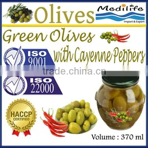 Green Olives With Cayenne Peppers, High Quality 100% Tunisian Table Olives,Table Olives With Cayenne Peppers, 370 ml Glass Jar thumbnail-1