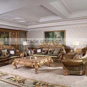 European Style Hand Carved Leather And Fabric Mixed 1+2+3 Sofa Set With Coffee Table(MOQ=1 SET) thumbnail-1