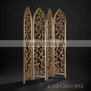 Elegant Gilt Wooden Floor Screen, Gold Painted Flower & Bird Four Panel Folding Screen, Curio Classic Furniture Decor Screen thumbnail-4