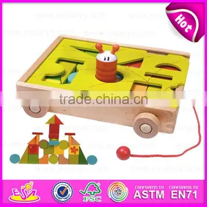 2015 Blocks Trolly деревянный развивающий игрушка для детей, деревянный сортировщик строительных блоков на тележке, деревянная тянутая тележка с блоками игрушка W13C021 thumbnail-1