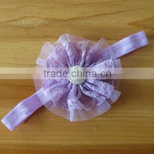 Lace Flower Headband With Pearl Rhinestone in Center for Kids Hair Accessories thumbnail-3
