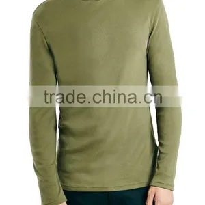 Khaki Ribbed Roll Neck Men T-Shirt Wholesale Customized Logo Organic Cotton Gym Muscle Long Sleeves T Shirts thumbnail-3