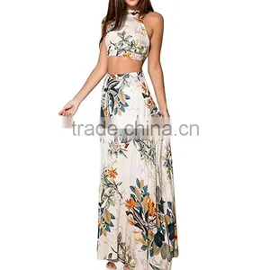 Women's Sexy 2 Piece Dress Set Slim Floral Backless Crop Toplong Skirt+Maxi Dress thumbnail-2
