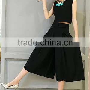 Fashion Women Clothing Two Pieces Sleeveless Black Plain Salwar Suit With Wide Legging Pants thumbnail-3