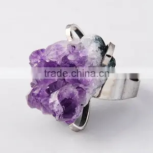 Natural Real Rough Drusy Black Agate Crystal Amethyst Rings Gemstone Ring With Adjustable Metal Women Finger Jewelry thumbnail-4