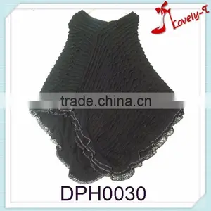 New Arrival Blacck Ripple Crochit Knit Pullover Poncho Sweater With Lace on the Fringe thumbnail-1