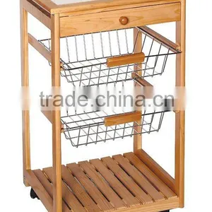 Pine Wood Kitchen Trolley With 2 Baskets thumbnail-1