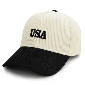 Vintage Ivy League Preppy Aesthetic Two Tone Corduroy USA Letter Embroidered 6 Panel Baseball Cap thumbnail-4