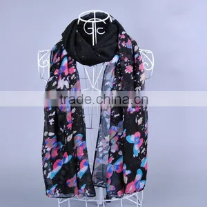 Popular Butterfly Flower Pattern Women Scarf Voile Scarves 180*90 Pashmina Muslim thumbnail-1