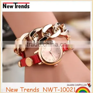 Gold Chain Wrap Bracelet Leather Watch Women Fancy Jewelry thumbnail-1