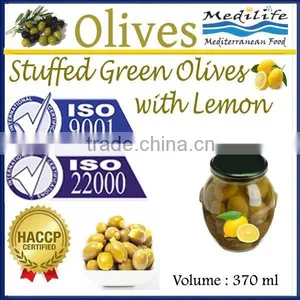 Stuffed Green Olives With Lemon. Top Quality 100% Tunisian Olives.Stuffed Olives With Lemon, Table Olives. 370 ml Glass Jar thumbnail-1