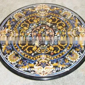 Round Marble Pietra Dura Black Dining Table Tops, Marble Inlay Table Tops thumbnail-1