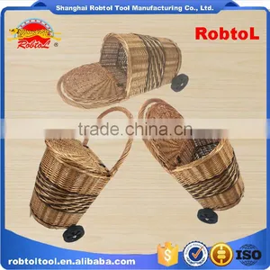 Unique Vintage Willow Weaved Woven Wicker Shopping Trolley Wheels Basket Cart thumbnail-4