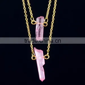 New Fashion Wholesale Delicate Natural Stone Pendant Powder Crystal Necklace Crystal Gold Metal Necklace thumbnail-1
